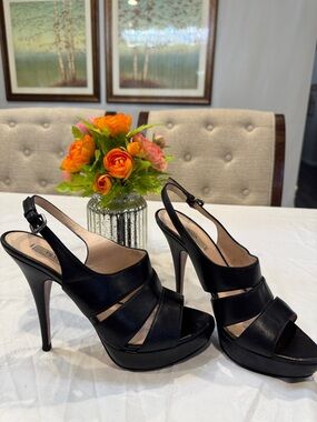 Authentic Prada Black Leather Strappy Platform Slingback Heels